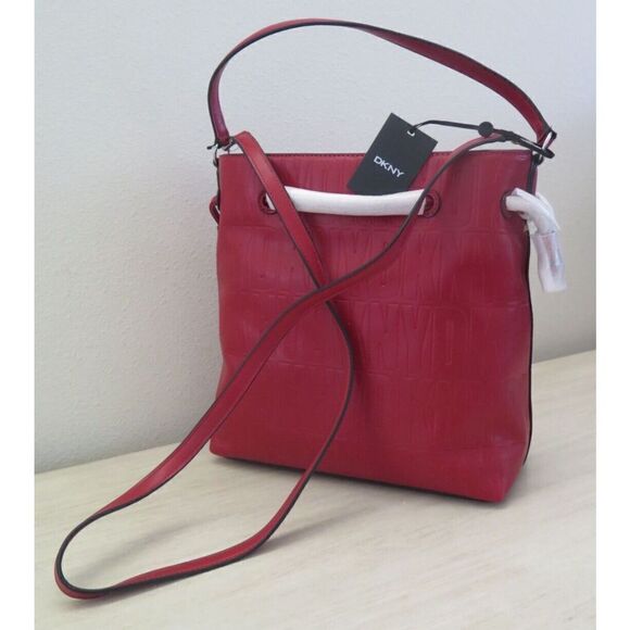 DKNY R13JVP96 Red Signature Logo Jody Drawstring Bucket Tote Shoulder Bag $178 - Picture 2 of 14